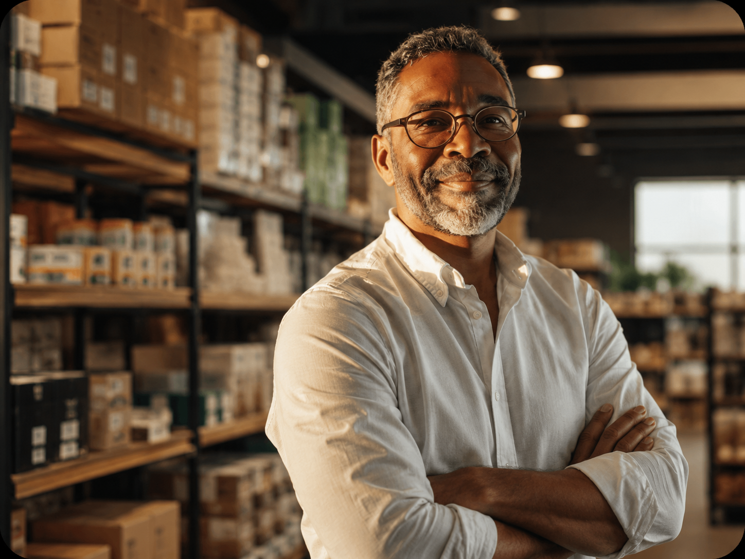 Distribuidor sorrindo em um centro de distribuição com prateleiras cheias